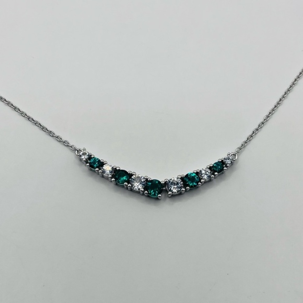 Lab Green Emerald and White Sapphire Bar Silver Necklace